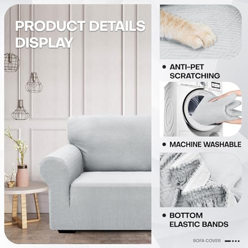 ZNSAYOTX 1 Piece Jacquard Couch Covers for 3 Cushion Couch Living Room High Stretch Sofa Cover Pets Dogs Friendly Anti Slip Thickened Slipcovers Furniture Protector (Large, New Pattern Silver Grey)