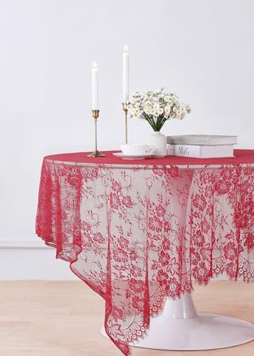 LuoluoHouse Red Lace Tablecloth 6pcs Rose Floral Table Fabric 60x120 Inch