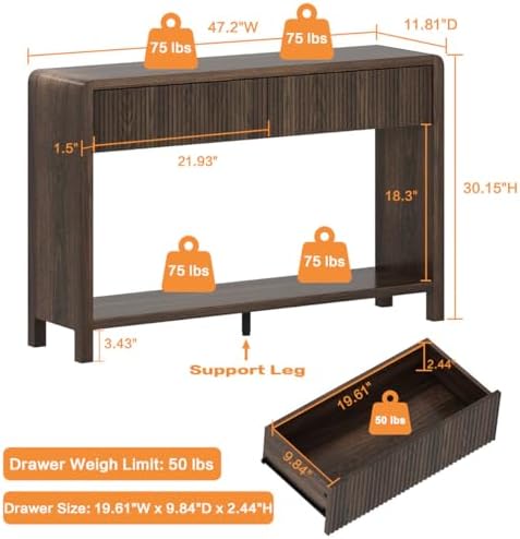 FATORRI Console Sofa Table with 2 Drawers, Wood Couch Table Behind Sofa, Farmhouse Entryway Tables for Hallway Storage (47.2 inch, Dark Walnut)