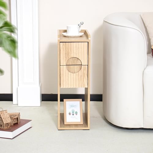 Small Fluted Nightstand Set of 2, Wood 2 Drawer Narrow Nightstand, Slim Side Table, Modern Boho End Bedside Table, Natural Wood Night Stand with Drawers for Bedroom, Living Room, Natural