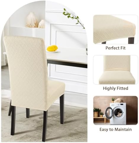 SearchI Dining Room Chair Covers Set of 8, Stretch Jacquard Parsons Chair Slipcovers Super Fit Removable Washable Kitchen Chair Protector Cover for Dining Room, Hotel, Ceremony (Beige Rhombus)