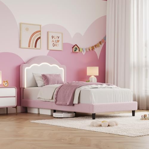 IDEALHOUSE Twin Bed Frame with LED Headboard, Boucle Fabric Upholstered Platform Bed with LED Light for Kids, Girls, Wooden Slats Support, No Box Spring Needed, Pink