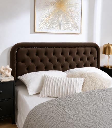 Tufted Upholstered Queen Size Headboard only - Button Solid Wood HeadBoards with Adjustable Height -Modern Velvet Padded Bed Headboard - Easy Assembly - Nailhead, Taupe Brown