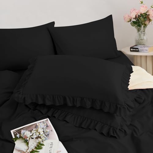 Horbaunal 5 Pcs Black Ruffle Duvet Cover Queen Size Soft Microfiber Shabby Chic Ruffled Duvet Cover Set, Vintage French Country Ruffle Bedding Set with Zipper Closure & Corner Ties, 90" x 90"