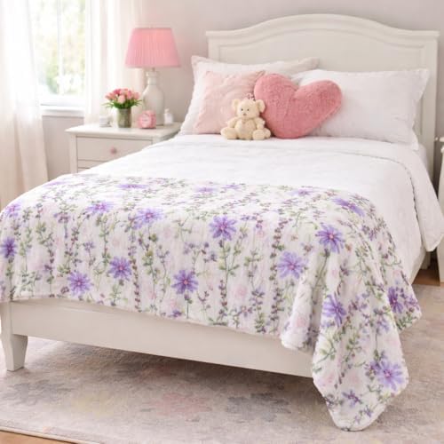 Soft Fleece Throw Blanket, Elegant Floral Wild Flowers Pink Purple, 50x70