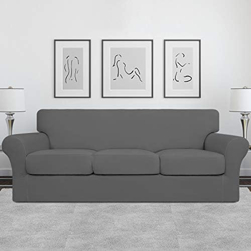 Easy-Going 4 Pieces Stretch Soft Couch Cover for Dogs - Washable Sofa Slipcover for 3 Separate Cushion Couch - Elastic Furniture Protector for Pets, Kids (Sofa, Grey, Large)