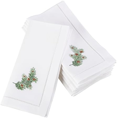 Handmade Pine Leaf Christmas Embroidery Napkin with Hemstitched Border (Set of 6)