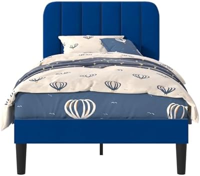 VECELO Twin Size Bed Frame with Upholstered Headboard, Velvet Platform Bedframe Mattress Foundation, Strong Wood Slat Support, No Box Spring Needed,Blue