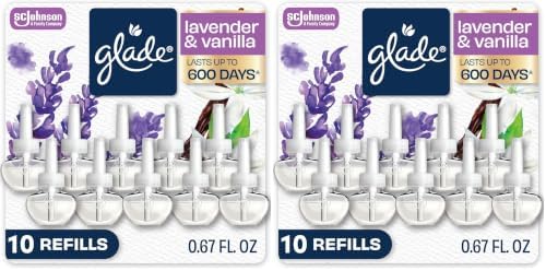 Glade PlugIns Refills Air Freshener, Scented and Essential Oils for Home and Bathroom, Lavender & Vanilla, 6.7 Fl Oz, 10 Count (Pack of 2)