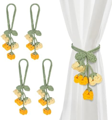 Flower Curtain Tiebacks, 4pcs Lily-of-The-Valley Curtains Holdbacks, Cute Curtain Holdbacks - No Drill Rope Holder, Drape Knitting Handmade for Nursery&Children's Room Decor (Yellow/Orange)