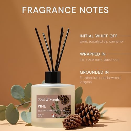 Soul & Scents Reed Diffuser Set – Pine | 7.43 oz Refillable Scented Oil with 6 Fiber Sticks | Long-Lasting Home Fragrance & Air Freshener for Bedroom, Bathroom, Office | Gift & Décor Piece