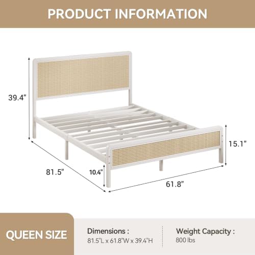 IMMERSTABLE Rattan Queen Bed Frame with Headboard, Boho Queen Metal Platform Bed Frame with Steel Slats, Under Bed Storage, Rounded Corners, No Box Spring Needed, Quiet Design, Easy Assembly, White