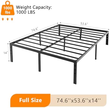 VINGLI 14 Inch Full Bed Frame, Heavy Duty Metal Platform, No Box Spring Needed, Steel Slat Support, Easy Assembly, Noise-Free, 12 inch Underbed Storage Space, Black