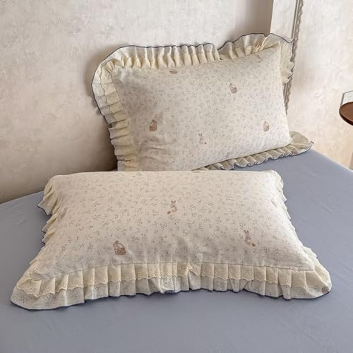 BuLuTu Lace Ruffles Duvet Cover Set Full Size, Princess Bedding Set for Kids Teens Girls, Cute Rabbit Blue Floral Print, 100% Gauze Cotton Muslin Bedding Comforter Cover with Zipper, 4 Ties
