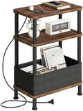 Small Narrow Side Table with Charging Station, 3-Tier Skinny End Table with Fabric Basket, Easy Assembling, Slim Nightstand Bedside Table for Small Spaces, Living Room, Bedroom