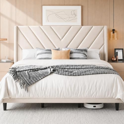 Yaheetech King Bed Frame with Chevron Channel-Tufted Headboard, Beige