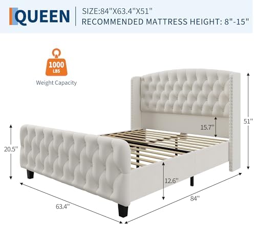 GarveeHome 51" Tall Queen Size Bed Frame with Wingback Headboard, Cream