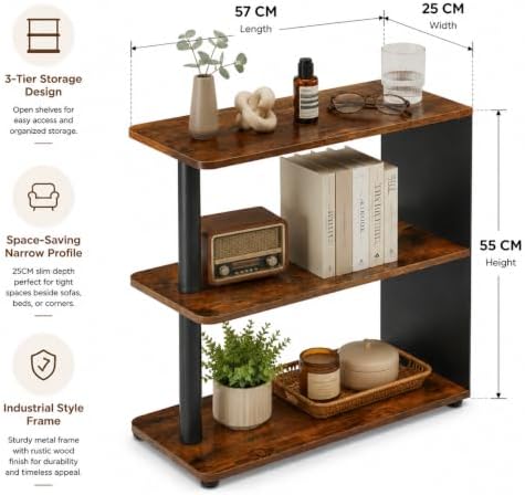 3-Tier Narrow End Table, Industrial Slim Side Table, Rustic Brown