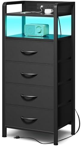 Lazzanto Nightstand with Rear Charging Station, LED Light, 4 Drawers, Black