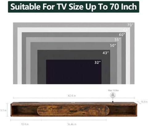 GHC Floating TV Stand, 70'' Wall Mounted TV Cabinet, Floating Shelves with Door, Media Console for DVD Player, Space-Saving Under TV Shelf for Bedroom & Living Room (Rustic Brown)