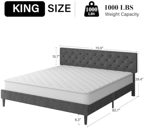 HOMBCK King Size Bed Frame, Upholstered Bed with Headboard, Light Grey