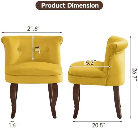 WUTUTUEE Velvet Vanity Chair with Back, Tufted Upholstered Vanity Stool with Solid Wood Legs, Mid Century Small Makeup Chair for Vanity, Accent Chair for Bedroom, Living Room, Yellow