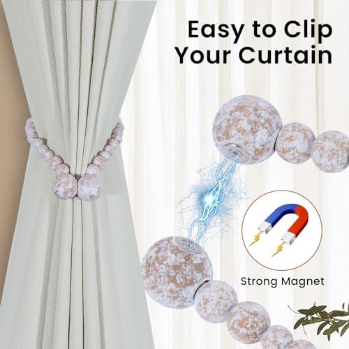 KLOGTSIND Magnetic Curtain Tiebacks, 2 Pack Wood Bead Curtain Holdbacks