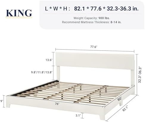 Allewie King Size Upholstered Bed Frame Adjustable Headboard, White