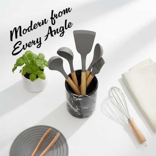Handmade Marble Utensil Holder for Kitchen Countertop Storage | Multipurpose Organizer for Spatulas, Office Supplies, & Wine Chiller (Black Zebra)