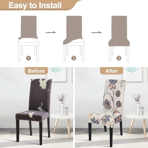 SearchI Dining Room Chair Covers Set of 4, Stretch Printed Floral Parsons Chair Slipcovers Spandex Removable Washable Kitchen Chair Protector Cover for Dining Room, Hotel, Ceremony (Beige+Flower)