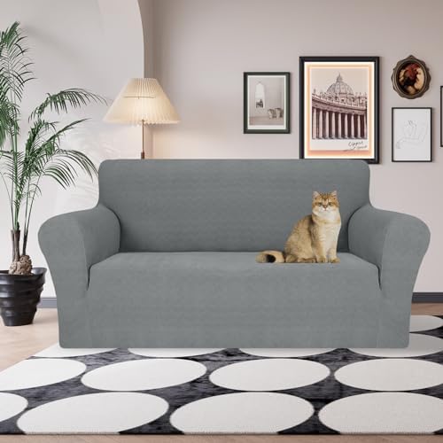 JIVINER Stretch Loveseat Slipcovers 1 Piece Love Seat Sofa Cover Spandex 2 Seater Couch Covers Universal Furniture Protector with Elastic Bottom (Medium, Light Gray Rhomb)