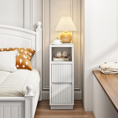 CHOEZON 8.7" Narrow Fluted Nightstand, Small Bedside Table with Drawers, Skinny Side Table, Modern Nightstand with 1 Semi-Open Shelf, Floating End Table, for Living Room, Bedroom, White MBZ12WB