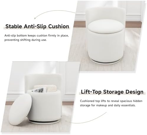 MINCETA Vanity Chair with Storage, 360° Swivel Accent Chair, White