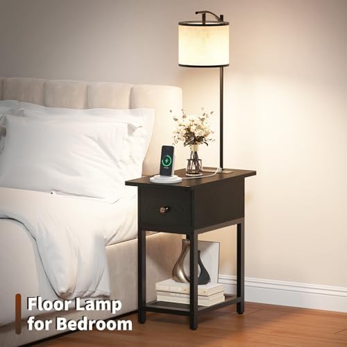 runjuly Floor Lamp with Table, Narrow Side Table with Charging Station
