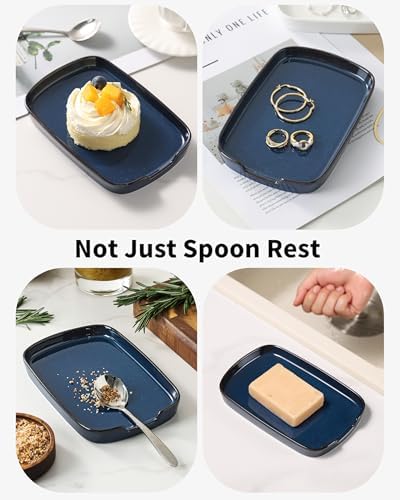 ABRUTY Spoon Rest for Stove Top, Ceramic Spoon Holder for Counter, Modern Farmhouse Decor Accessories for Spatula, Spoons or Tongs, Rectangular, Flambe Blue
