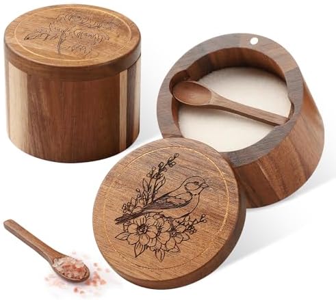 Timtopno Salt Cellar, 2PCS Salt Container Acacia Wood Salt and Pepper Box for Countertop with Built-in Spoon & Swivel Lid, Wood Salt Holder Bowl for Kitchen, Seasoning Storage (Rose & Bird Engraving)