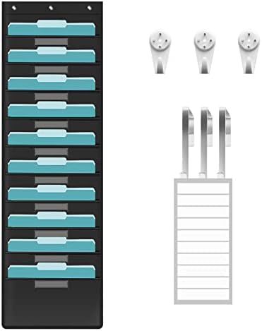 KIKIGOAL 10 Pockets Hanging Wall File Organizer, Heavy Duty Storage Pocket Chart With 10 Name Tag Pockets for File Folder and Paper, Space Saver for Office and Classroom