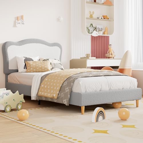 Garvee Upholstered Twin Bed Frame for Kids with Scallop Headboard, Cute Velvet Twin Bed for Girls, Boys, Sturdy Platform Bed, No Box Spring Needed, Wooden Slats, Noise Free, Grey White