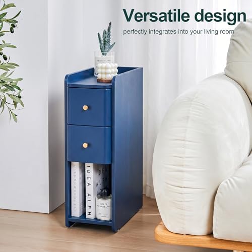 Narrow Nightstand Set of 2, Wooden Small 2 Drawer Nightstand, Slim Side End Table, Skinny Bedside Table, Mid Century Modern Night Stand with Drawers for Bedroom (Blue-2 pcs)