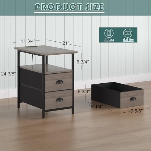 sthmec End Table with Charging Station, Narrow Side Table with 2 Drawers, LED Nightstands with Drawers, USB Ports & Power Oulets,Slim Sofa Side Tables for Small Spaces,Living Room,Bedroom, Grey
