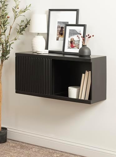 Kate and Laurel Furrow Modern Wooden Sliding Ribbed Door Wall Cabinet; 30 x 10 x 14; Black; Decorative Storage Cabinet with Sliding Door for Use as Floating Nightstand or Floating TV Shelf