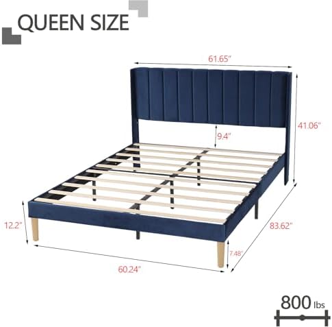 Queen Size Bed Frame with Velvet Upholstered Headboard, Blue