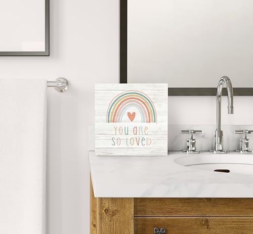 SRADMO You Are So Loved Rainbow Heart Wood Box Sign Desk Decor 8x8, Kids Inspirational Quotes Wooden Block Box Sign Decoration For Kids Room Nursery Playroom Shelf Table Decor