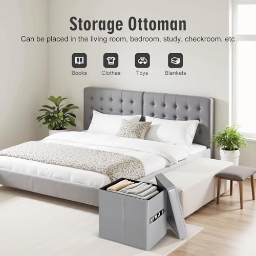 Ottoman with Storage, 17" Height Foot Rest with Handles & Side Pocket, Grey