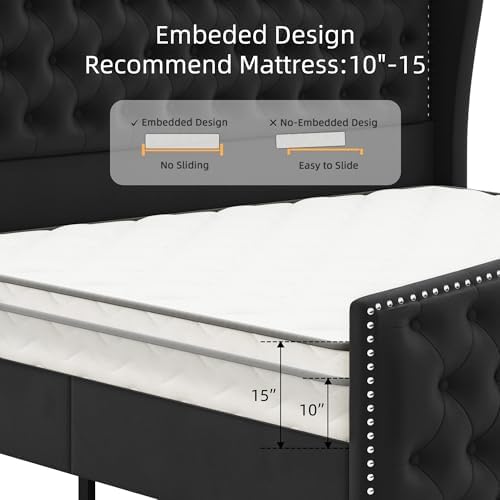 BRELTAM Upholstered King Size Bed Frame Velvet Black Tufted Platform Bed Frame with Wingback Headboard & Footboard, with Deep Button Tufted & Nailhead Wooden Slats Support, No Box Spring Needed