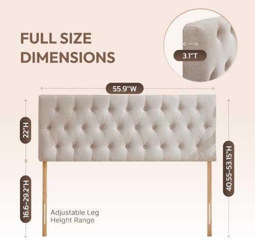 Kingfun Tufted Upholstered Full Size Bed Headboard in Modern Button Design, Adjustable Solid Wood Head Board, Premium Linen Fabric Padded Headboards in Bedroom (Beige)