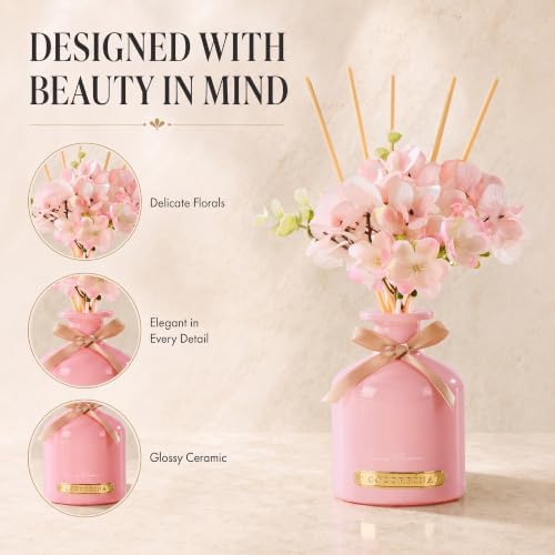 Cherry Blossom Reed Diffuser Set with Flowers, 6.76 fl oz