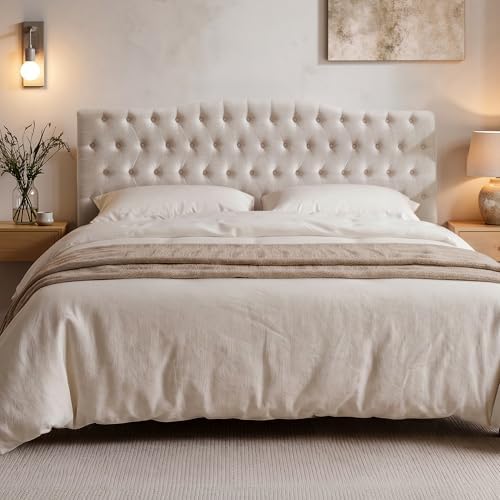Iroomy Upholstered King Headboard, Button Tufted Headboard with Adjustable Height and Solid Wood Leg, Linen Padded Headboards for King Size Bed, Modern Head Board, High King Beige