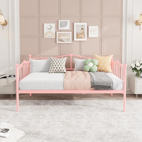 GarveeHome Twin Size Daybed Frame, Sofa Bed with Stylish Headboard, Heavy Duty Steel Slat Support, Space Saving for Living Room/Bedroom/Guest Room, Pink