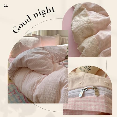 Pink Plaid Duvet Cover with White Lace Twin XL(68"x90"),Pink Gingham